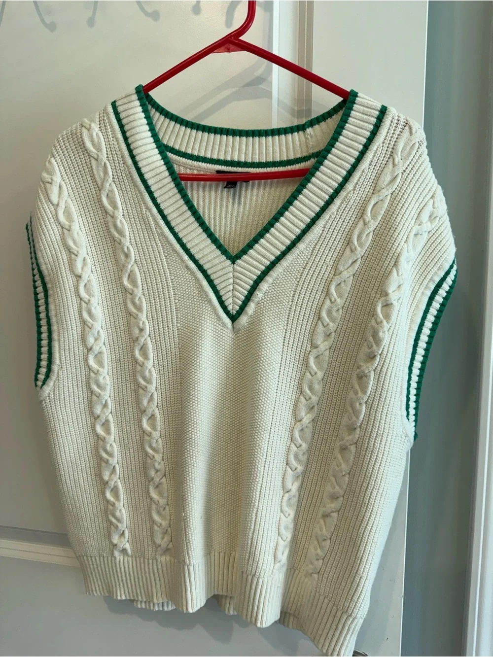 Talbots Cream Cable-Knit V-Neck Sweater Vest with Green Trim